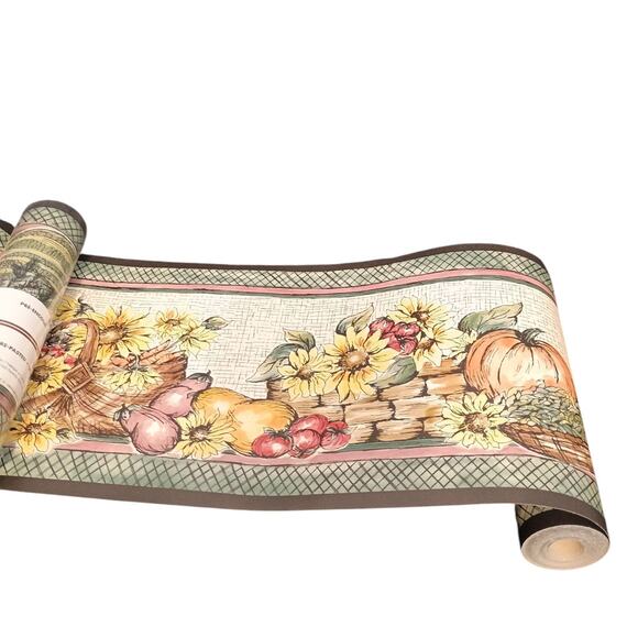 Vintage Seabrook Vinyl Wallpaper Boarder Harvest Basket Pumpkin Veggies Pattern - Picture 1 of 6